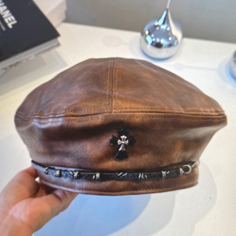 Elegant Brown Leather Beret with Cross Accent